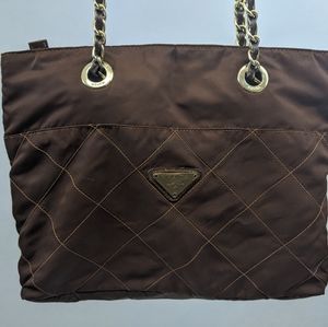 Brown quilted nylon purse with chain strap large